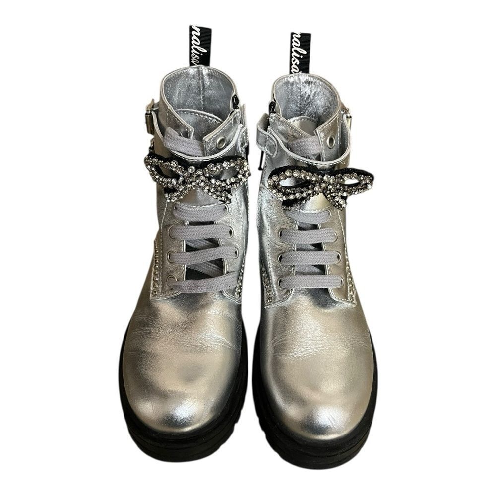 MonnaLisa Silver Combat Boots with Rhinestone Bow